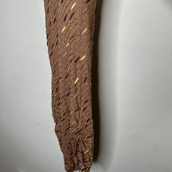 Haute Hippie Chocolate Brown Tank Mini Dress Side Ruche Gold & Beaded Adornment - Picture 5 of 14